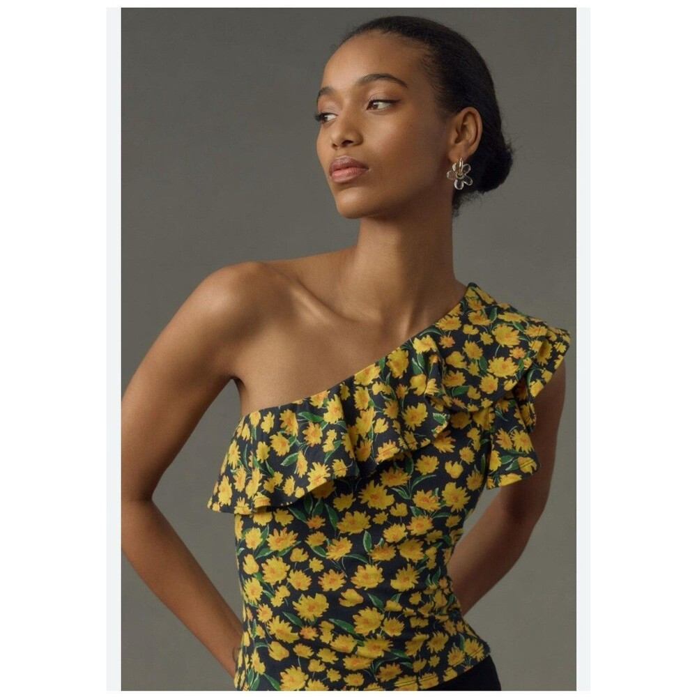 Maeve Ruffle One Shoulder Top Women’s Small Yellow Floral Anthropology New